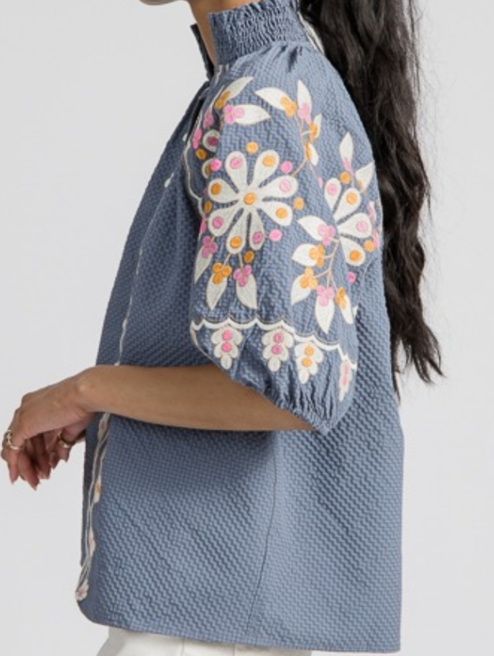 Blue Embroidered Puff-Sleeve Top - Picture 9 of 12